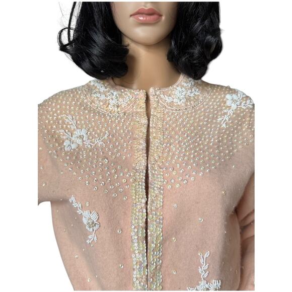 Vintage Jo Ro Imports Angora Lamb Wool Beaded Sequin pink white Cardigan small - Picture 7 of 16